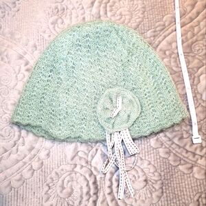 Knit Infant Cap, Sea Green /Sage Green w/knit rosette & ribbon detail